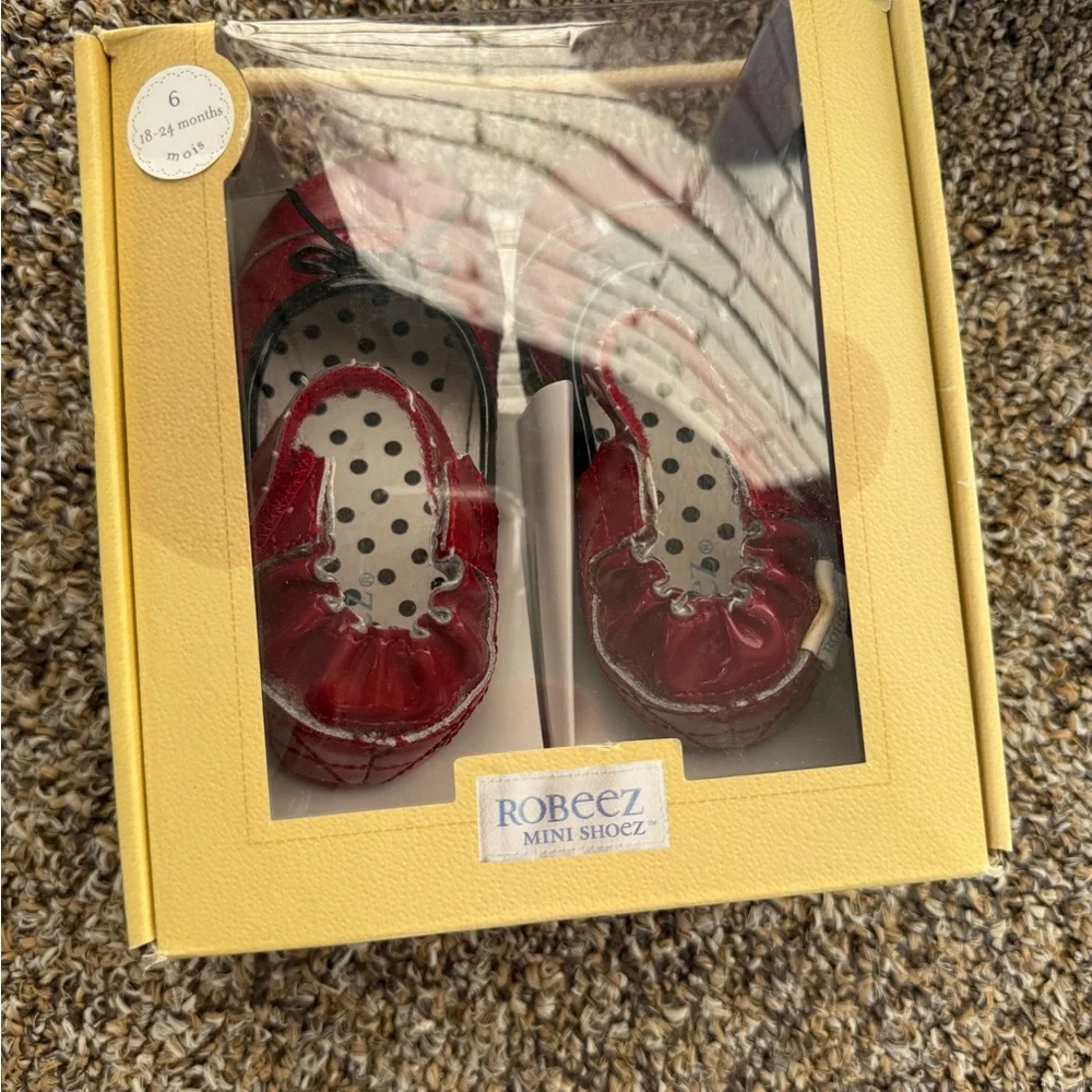 Robeez Red MaryJane Shoes Black Bow Velcro Closure 18-24m Baby Shoes